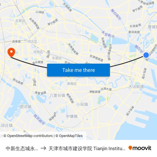 中新生态城永定洲公交站 to 天津市城市建设学院 Tianjin Institute of Urban Construction map