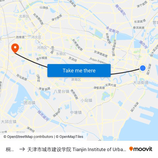 桐景园 to 天津市城市建设学院 Tianjin Institute of Urban Construction map