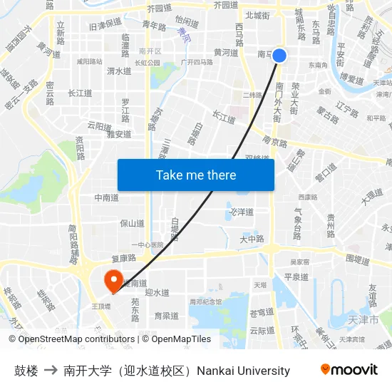 鼓楼 to 南开大学（迎水道校区）Nankai University map