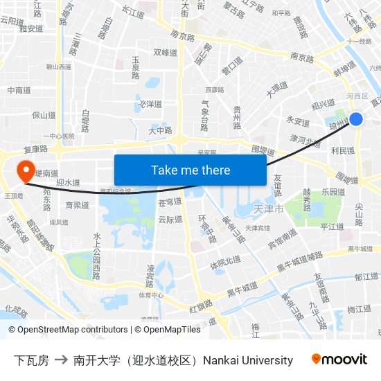 下瓦房 to 南开大学（迎水道校区）Nankai University map