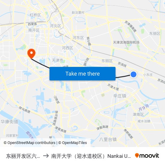 东丽开发区六经路 to 南开大学（迎水道校区）Nankai University map