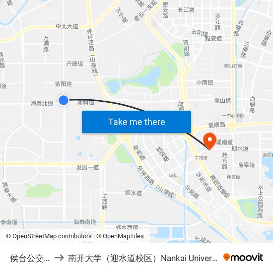 侯台公交站 to 南开大学（迎水道校区）Nankai University map