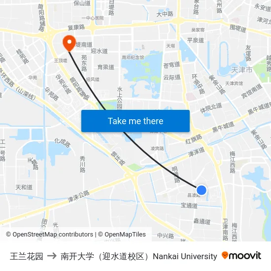 王兰花园 to 南开大学（迎水道校区）Nankai University map