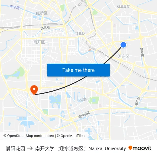 晨阳花园 to 南开大学（迎水道校区）Nankai University map