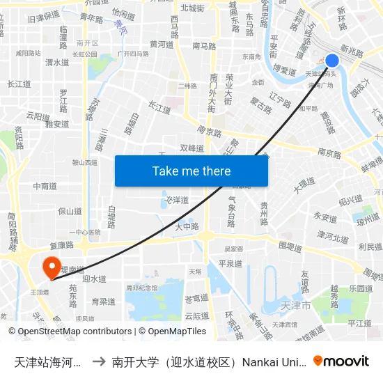 天津站海河广场 to 南开大学（迎水道校区）Nankai University map
