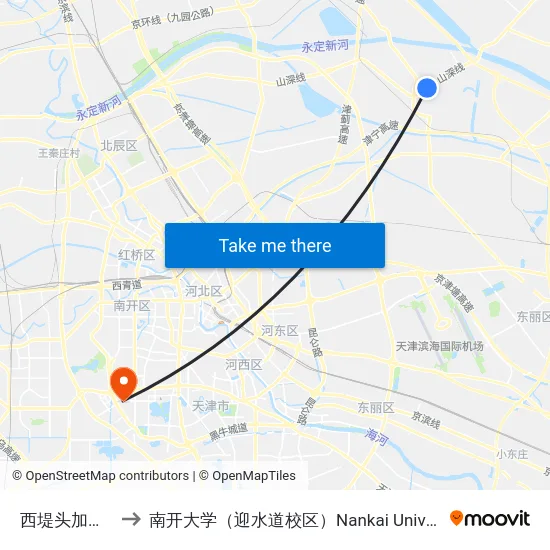 西堤头加油站 to 南开大学（迎水道校区）Nankai University map