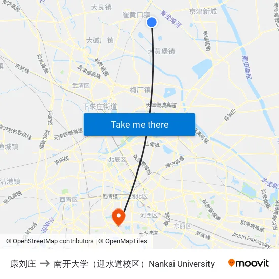 康刘庄 to 南开大学（迎水道校区）Nankai University map