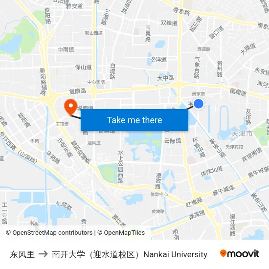 东风里 to 南开大学（迎水道校区）Nankai University map