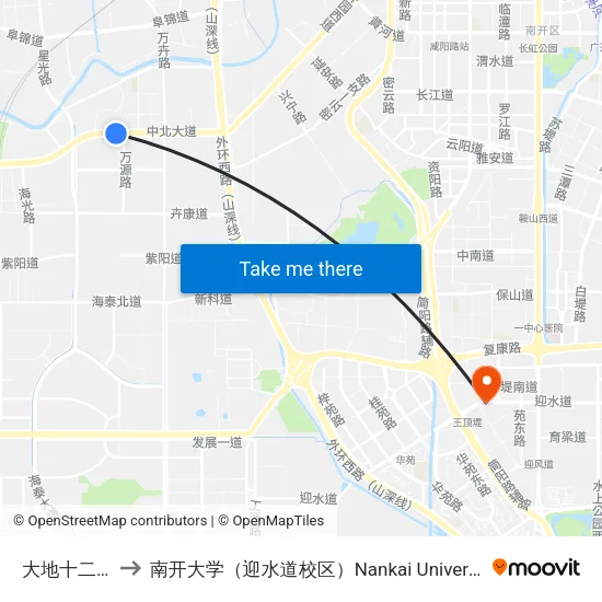 大地十二城 to 南开大学（迎水道校区）Nankai University map