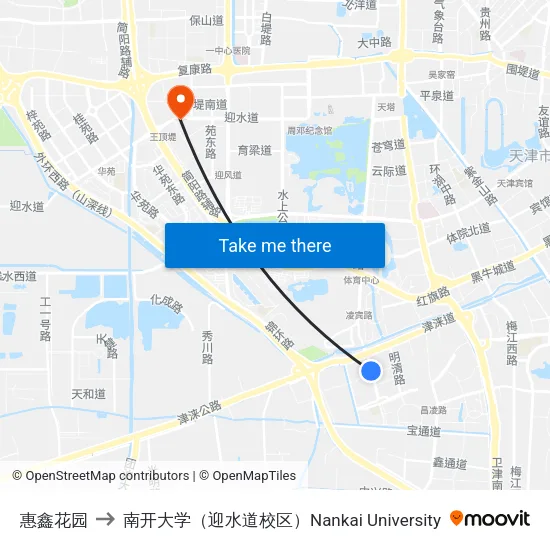 惠鑫花园 to 南开大学（迎水道校区）Nankai University map
