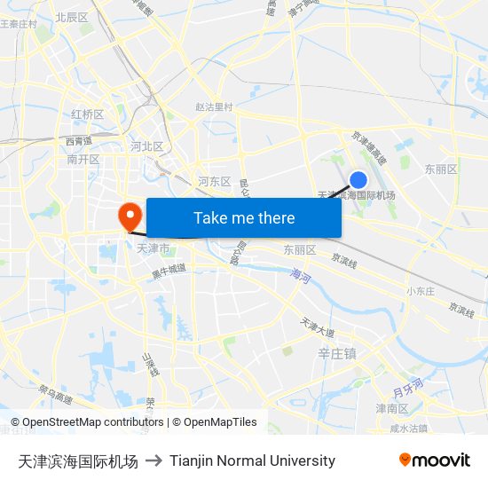 天津滨海国际机场 to Tianjin Normal University map