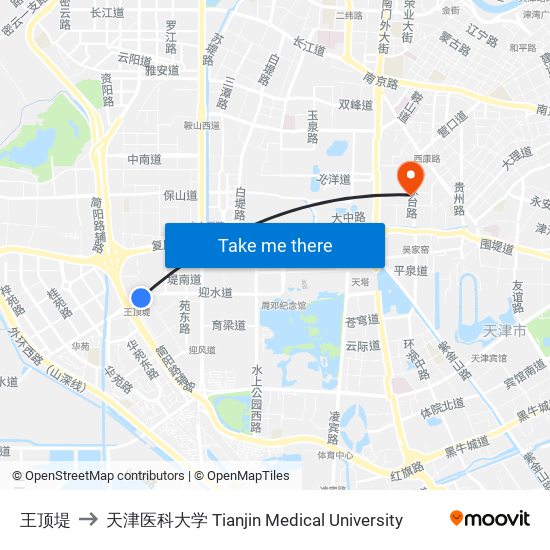 王顶堤 to 天津医科大学 Tianjin Medical University map