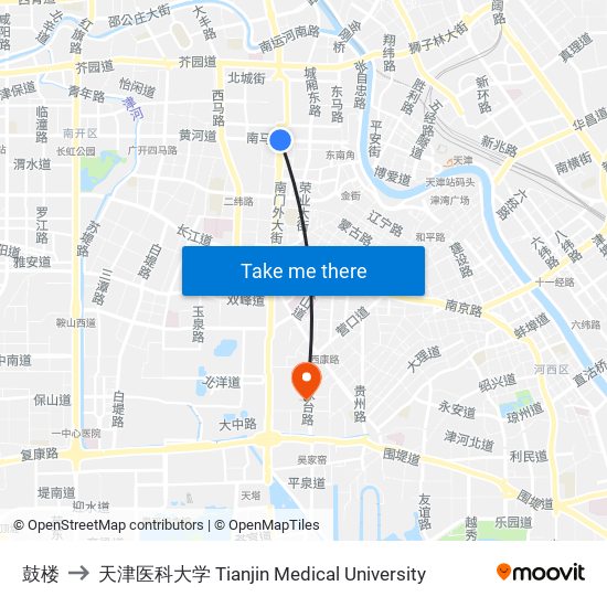 鼓楼 to 天津医科大学 Tianjin Medical University map