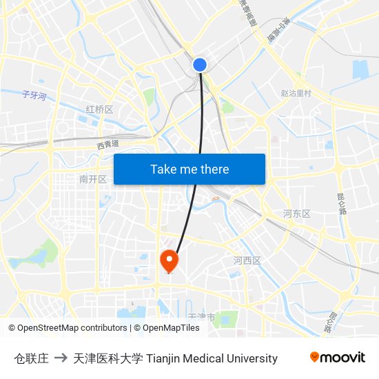 仓联庄 to 天津医科大学 Tianjin Medical University map