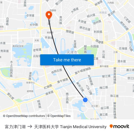 富力津门湖 to 天津医科大学 Tianjin Medical University map