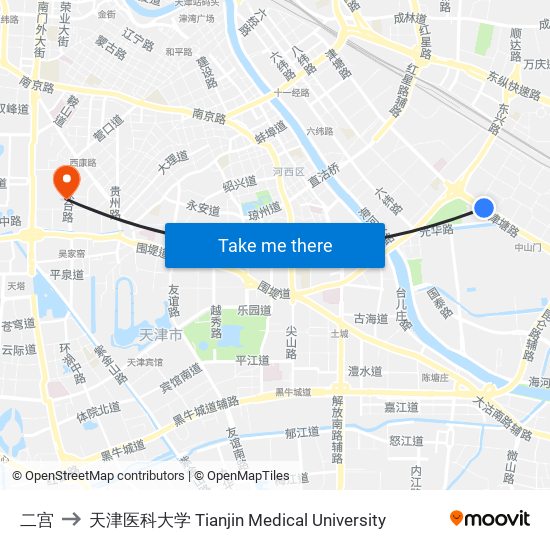 二宫 to 天津医科大学 Tianjin Medical University map