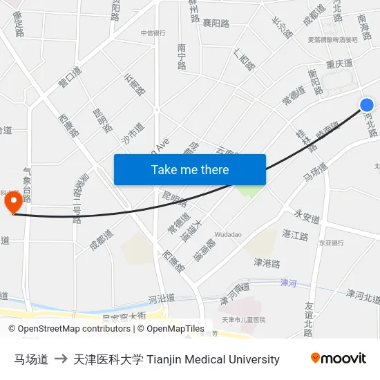 马场道 to 天津医科大学 Tianjin Medical University map