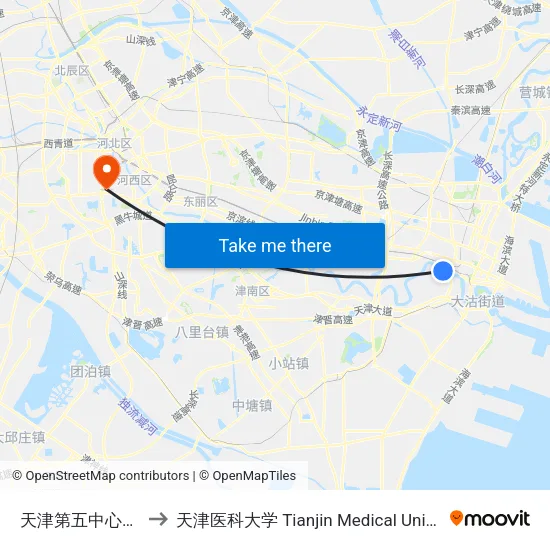 天津第五中心医院 to 天津医科大学 Tianjin Medical University map