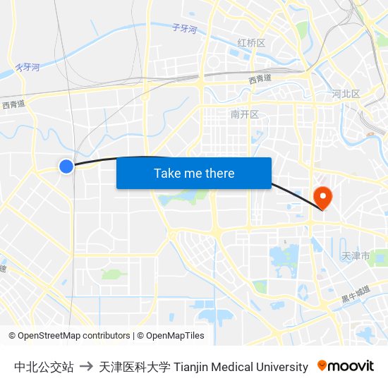 中北公交站 to 天津医科大学 Tianjin Medical University map