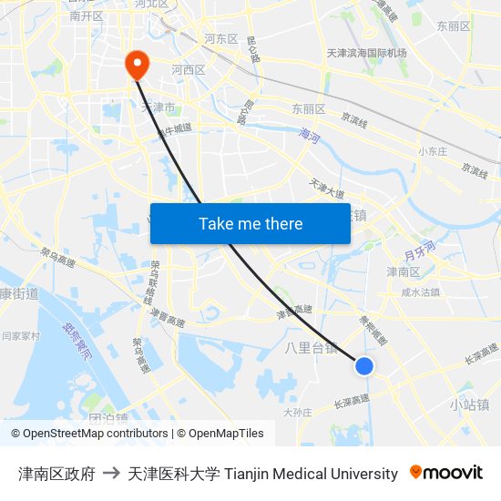 津南区政府 to 天津医科大学 Tianjin Medical University map