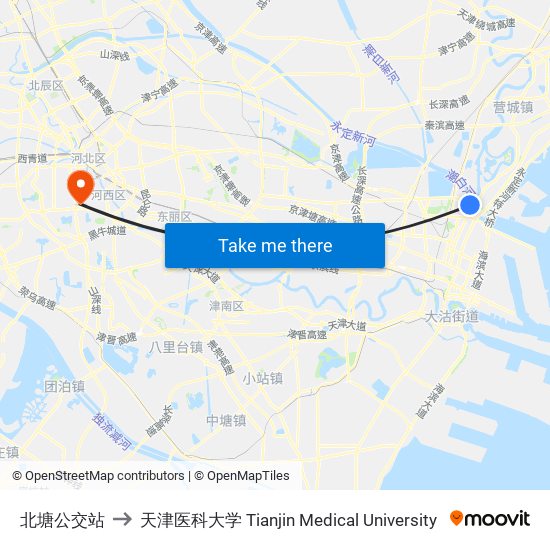 北塘公交站 to 天津医科大学 Tianjin Medical University map