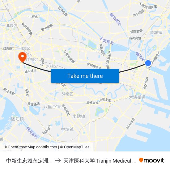 中新生态城永定洲公交站 to 天津医科大学 Tianjin Medical University map