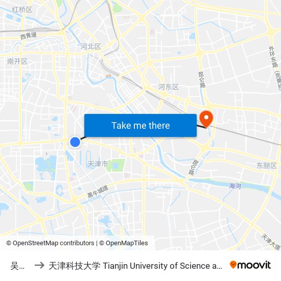 吴家窑 to 天津科技大学 Tianjin University of Science and Technology map