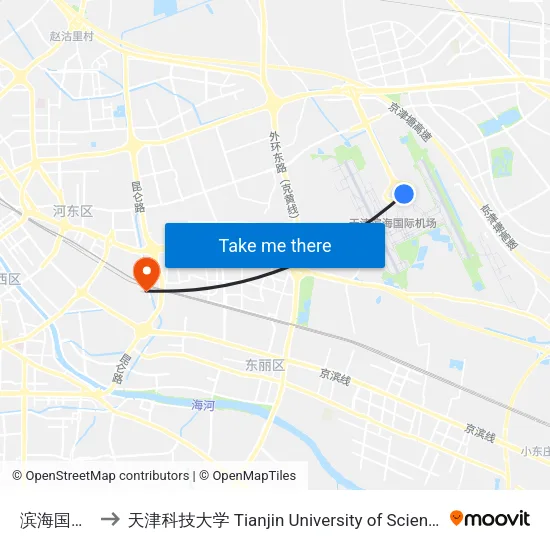 滨海国际机场 to 天津科技大学 Tianjin University of Science and Technology map