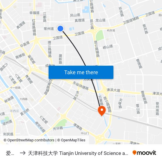 爱营里 to 天津科技大学 Tianjin University of Science and Technology map