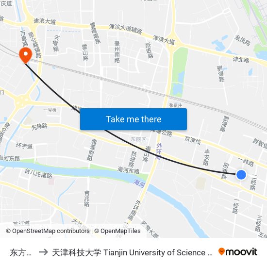 东方财信 to 天津科技大学 Tianjin University of Science and Technology map
