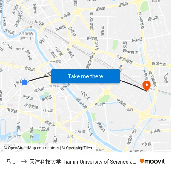 马场道 to 天津科技大学 Tianjin University of Science and Technology map