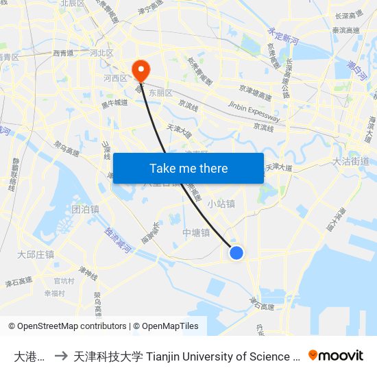 大港二中 to 天津科技大学 Tianjin University of Science and Technology map