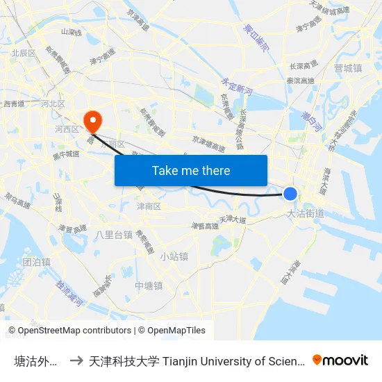 塘沽外滩公园 to 天津科技大学 Tianjin University of Science and Technology map