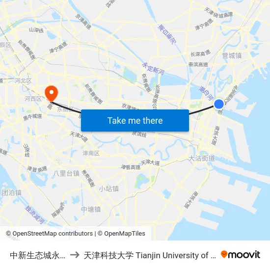 中新生态城永定洲公交站 to 天津科技大学 Tianjin University of Science and Technology map