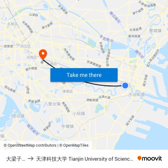 大梁子渡口 to 天津科技大学 Tianjin University of Science and Technology map