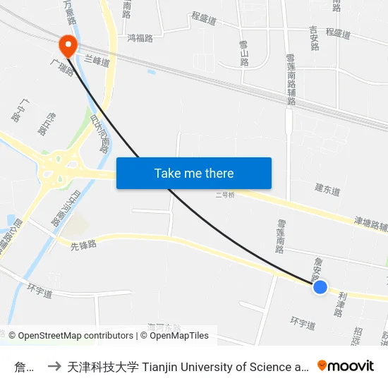 詹安路 to 天津科技大学 Tianjin University of Science and Technology map