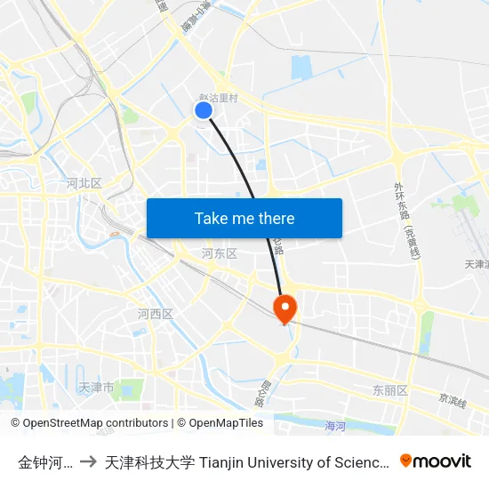 金钟河大街 to 天津科技大学 Tianjin University of Science and Technology map