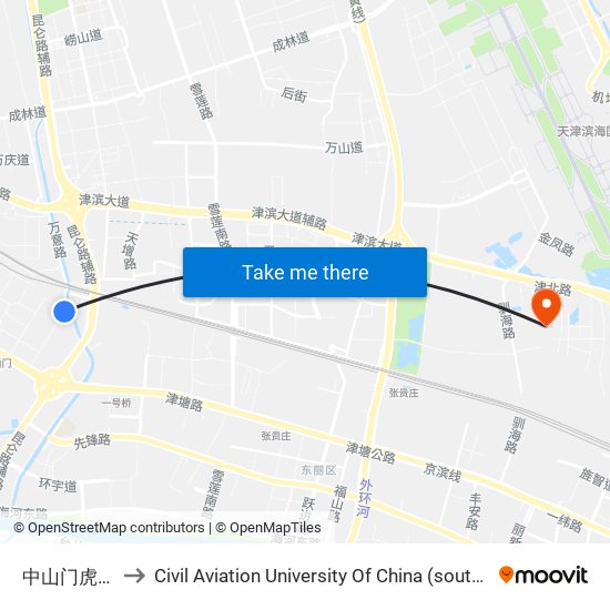 中山门虎丘路 to Civil Aviation University Of China (south campus) map