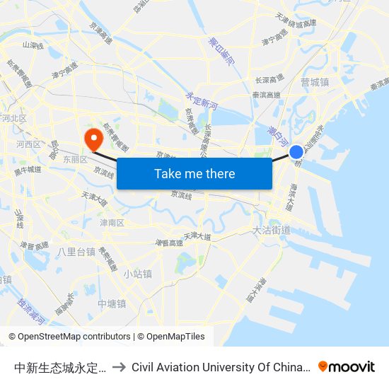 中新生态城永定洲公交站 to Civil Aviation University Of China (south campus) map