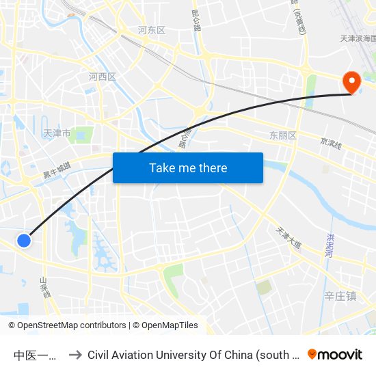 中医一附院 to Civil Aviation University Of China (south campus) map