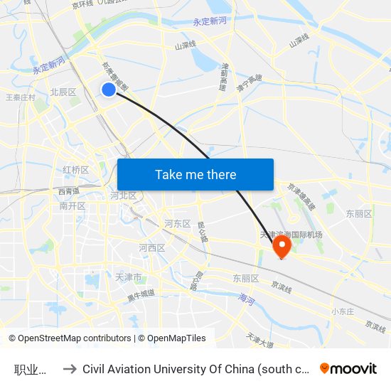 职业大学 to Civil Aviation University Of China (south campus) map