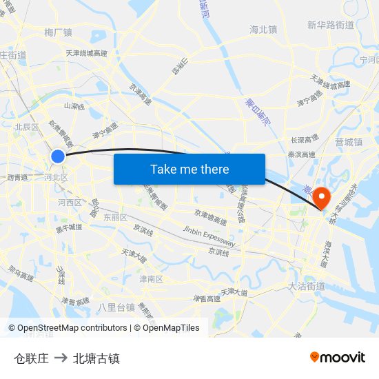仓联庄 to 北塘古镇 map