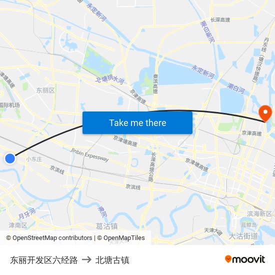 东丽开发区六经路 to 北塘古镇 map