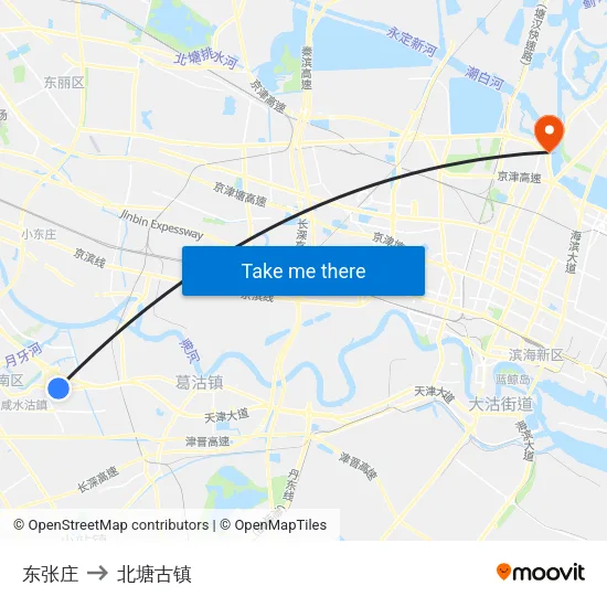 东张庄 to 北塘古镇 map