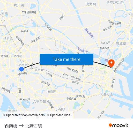 西南楼 to 北塘古镇 map