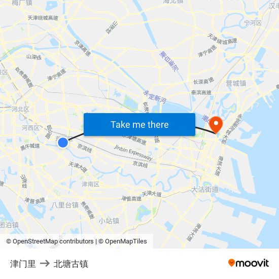 津门里 to 北塘古镇 map