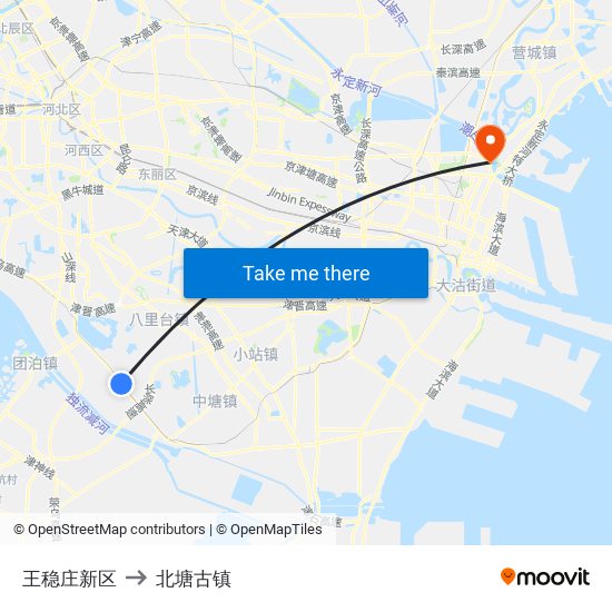 王稳庄新区 to 北塘古镇 map