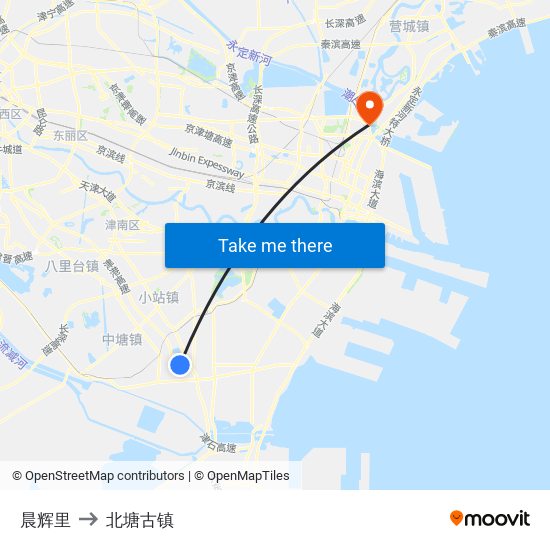 晨辉里 to 北塘古镇 map