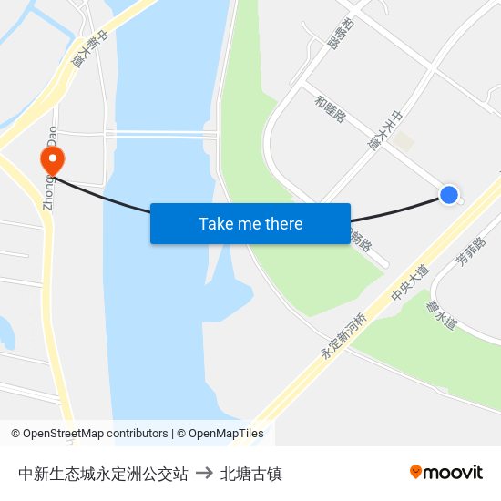 中新生态城永定洲公交站 to 北塘古镇 map