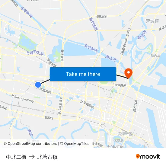 中北二街 to 北塘古镇 map